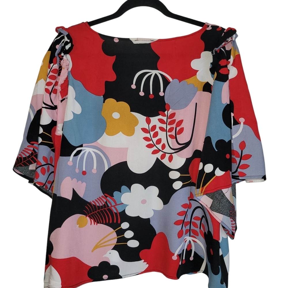 Sz Large JODIFL Oversized Colorful Floral Artsy Flutter 3/4 Bell Sleeve Blouse - Picture 4 of 6